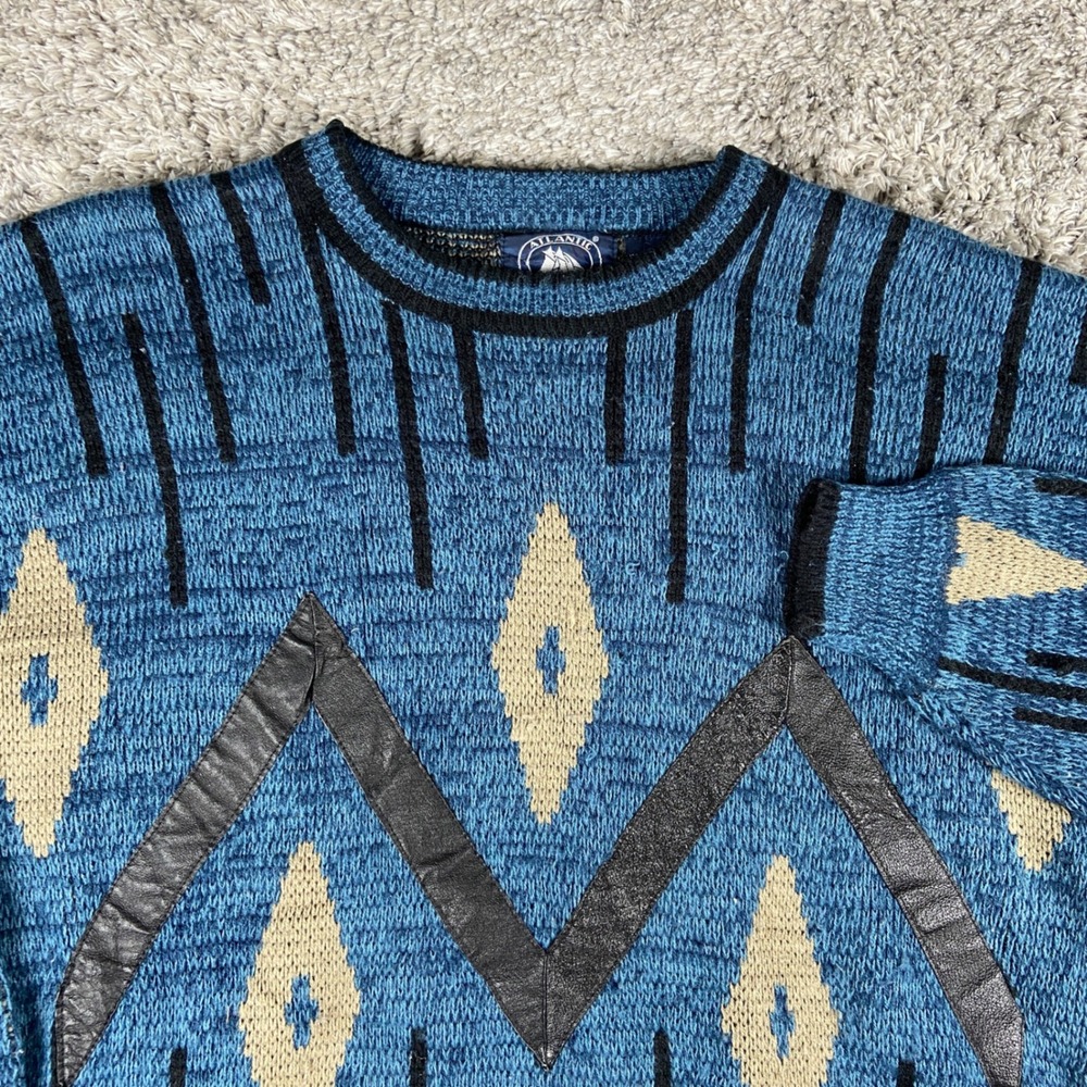 Vintage Atlantic Traders Sweater Mens XL Blue Geometric Knit Leather Trim 90s